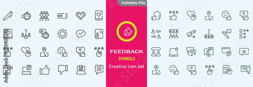 Feedback set of web icons in line style. Feedback and Review icons for web and mobile app. Customer relationship management. Star rating, satisfaction, emotion, testimonials, quick response,