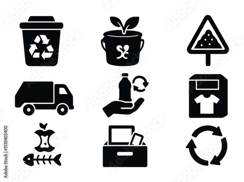 Recycling Icons Grid. Solid, filled icons set of waste reduction and recycling systems: recycling bin, compost