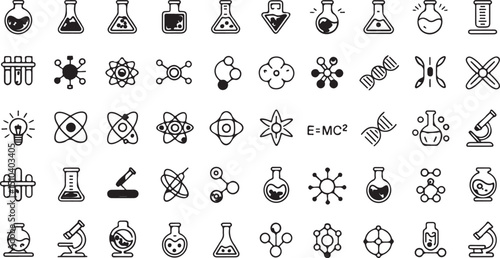 Science and Laboratory Icons: Chemical Elements, Reactions, and Microscopes Vector Set