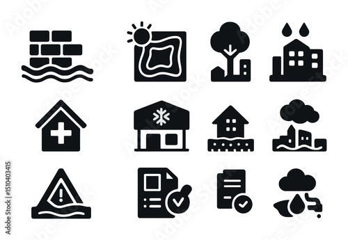 Climate Resilience Icons. Solid, filled icons set of climate-resilient urban planning: flood barrier, heat map