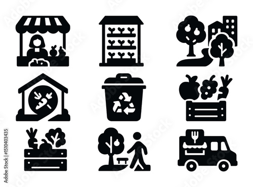 Sustainable Urban Food Icons. Solid, filled icons set of sustainable food systems in cities: farmers market,