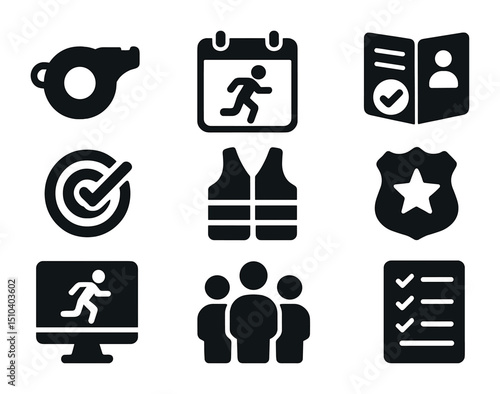 Emergency Drill Icons. Solid, filled icons set of emergency drills and training: whistle, drill calendar,