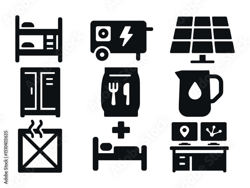Disaster Shelter Icons. Solid, filled icons set of long-term disaster shelter planning: bunk bed, generator