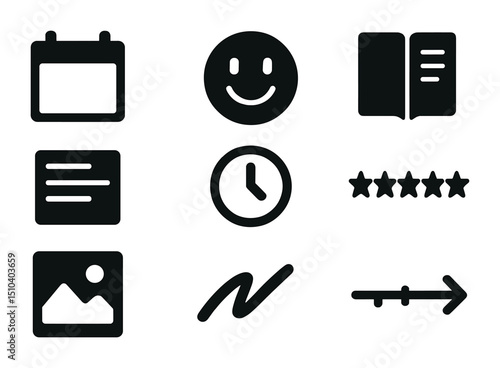 Memory Keeping Icons. Solid, filled icons set of memory keeping and daily logs: calendar square, mood icon,