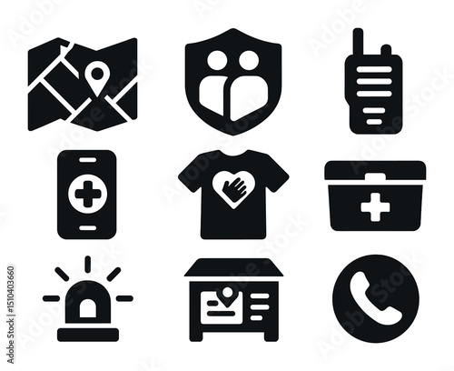 Emergency Response Icons. Solid, filled icons set of community emergency response tools: neighborhood map,