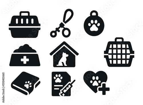 Pet Safety Icons. Solid, filled icons set of pet evacuation and safety: pet carrier, leash icon, pet ID tag,