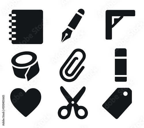 Journaling Icon Grid. Solid, filled icons set of journaling and scrapbooking: spiral notebook, fountain pen,