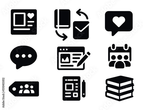 Journaling Icon Set. Solid, filled icons set of journaling community and sharing: social post, journal swap,