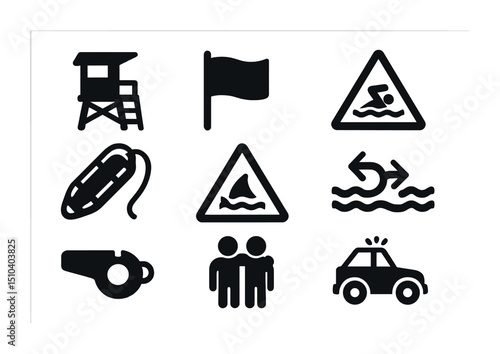 Beach Safety Icons. Solid, filled icons set of beach safety while swimming: lifeguard tower, red flag, warning