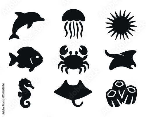 Ocean Wildlife Icons. Solid, filled icons set of ocean wildlife encountered while swimming: dolphin silhouette