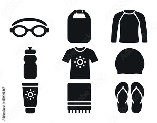 Swimming Gear Icons. Solid, filled icons set of swimming gear and accessories: swim goggles, waterproof bag,