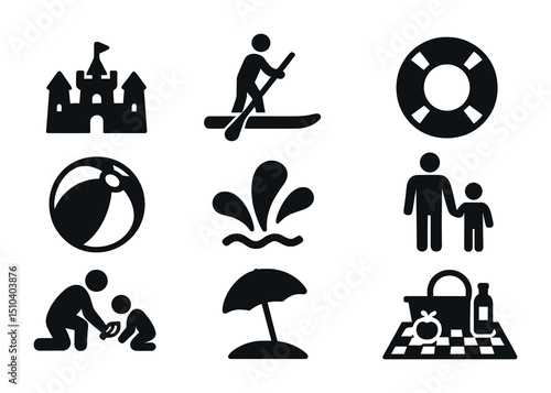 Family Ocean Activities Icons. Solid, filled icons set of family ocean activities: sandcastle, paddleboard,