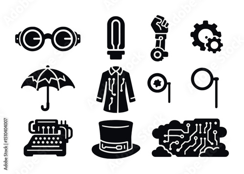 Victorian Cyberpunk Icons. Solid, filled icons set of Victorian era meets cyberpunk: steam goggles, neon lamp,