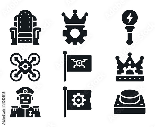 Robotic Revolution Icons. Solid, filled icons set of robotic revolutions and empires: steampunk throne, gear