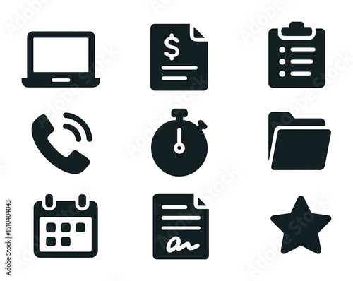 Freelancing Icons Grid. Solid, filled icons set of freelancing and consulting in the business world: laptop