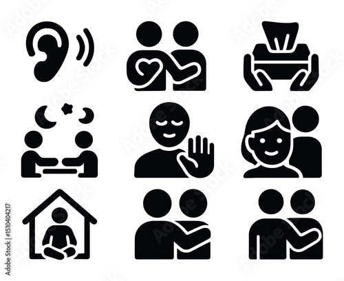 Emotional Support Icons. Solid, filled icons set of emotional support in families: listening ear, empathy