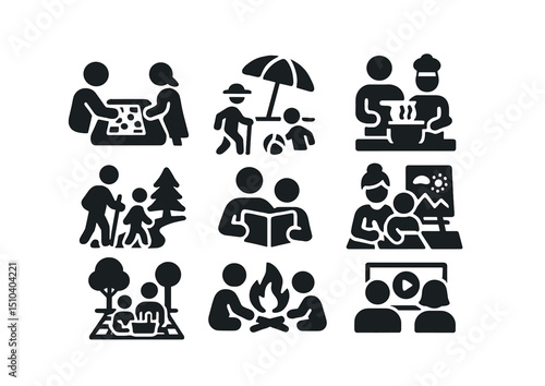 Wallpaper Mural Family Fun Icons. Solid, filled icons set of quality time activities for families: board game, beach day, Torontodigital.ca