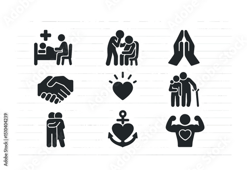 Family Love Icons. Solid, filled icons set of love in challenging family moments: hospital visit, support