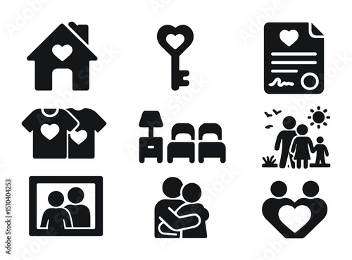 Adoption Love Icons. Solid, filled icons set of adoption and chosen family love: welcome home, heart key,
