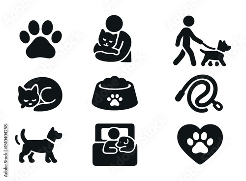 Pet Bond Icons. Solid, filled icons set of pet and family bonds: pet paw, cuddling pet, dog walk, cat curl,