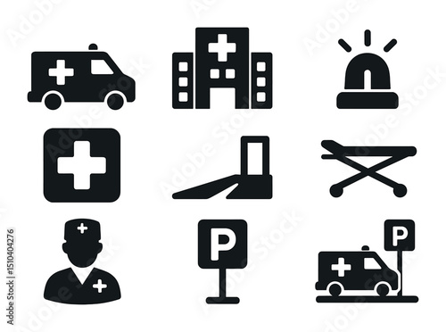 Ambulance Icon Set. Solid, filled icons set of ambulance parked outside hospital: ambulance van, hospital