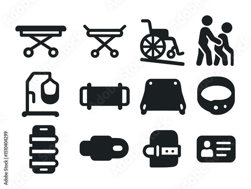 Mobility Aid Icons. Solid, filled icons set of patient transport and mobility: stretcher wheels, folding