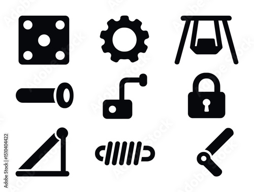 Carnival Ride Hardware Icons. Solid, filled icons set of carnival ride hardware: bolt plate, gear wheel, ride
