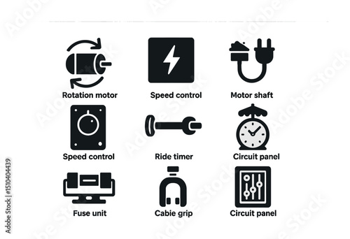 Motorized Carousel Icons. Solid, filled icons set of motorized carousel systems: rotation motor, electric box,