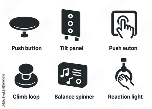 Interactive Playground Icons. Solid, filled icons set of interactive playground elements: spinning disc, tilt