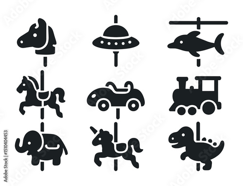 Themed Merry-Go-Round Icons. Solid, filled icons set of themed merry-go-rounds: animal handle, spaceship pole,