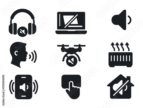 Silent Tech Icons. Solid, filled icons set of silent tech: noise-canceling headphones, fanless laptop, quiet