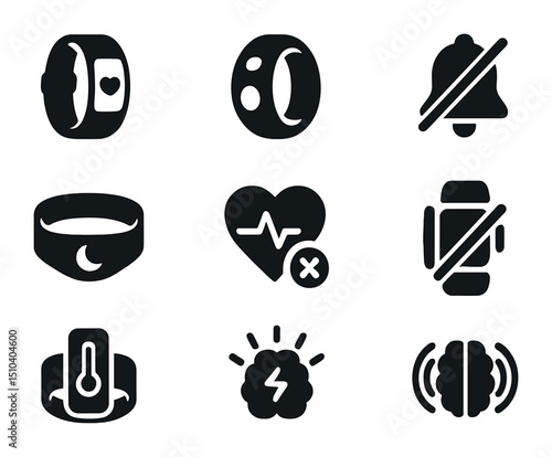 Wearable Devices Icons. Solid, filled icons set of quiet wearable devices: fitness tracker, ring sensor,