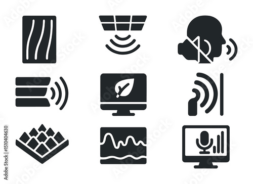 Acoustic Tech Icons. Solid, filled icons set of acoustic optimization in tech spaces: sound absorber panel,