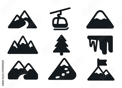 Snowy Mountain Icons. Solid, filled icons set of snowy mountain scenery: alpine slope, ski lift, snowcap icon,