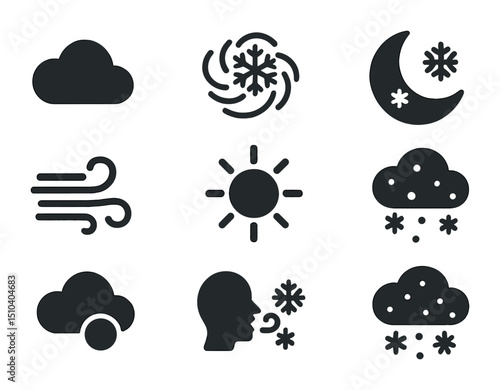 Weather Icon Set. Solid, filled icons set of winter sky and weather: overcast cloud, snowflake swirl, crescent