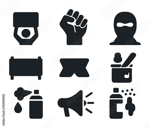 Street Art Icons. Solid, filled icons set of politically-driven street art: protest icon, resistance fist,