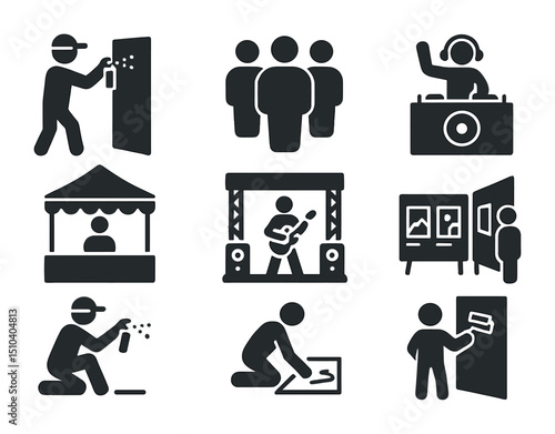 Street Art Icon Set. Solid, filled icons set of street art festival scenes: live painting, crowd icon, DJ