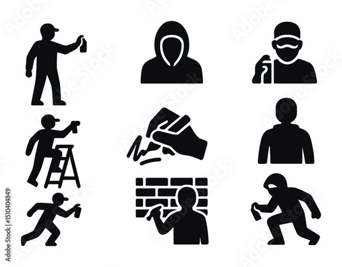 Street Artist Icons. Solid, filled icons set of street artists and characters: artist silhouette, hooded
