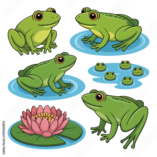 Schilderij op canvas Cute Cartoon Frogs on Lily Pads and Water Lilies