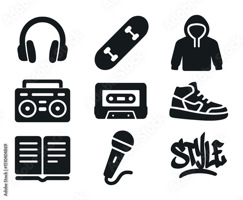 Urban Art Icons. Solid, filled icons set of youth culture and creativity in urban art: headphones icon,