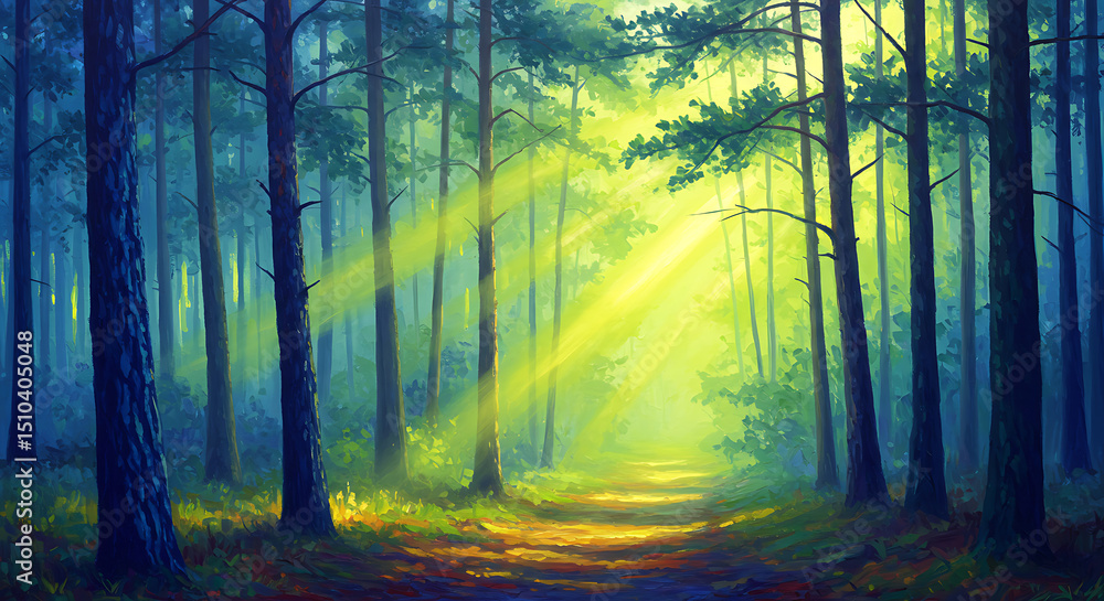 Fototapeta premium Mystical Forest Path with Sunbeams Through Trees - Digital Painting