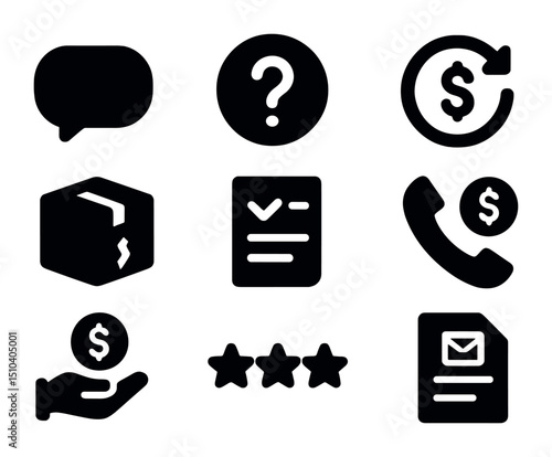 Delivery Support Icons Grid. Solid, filled icons set of customer service and support for delivery apps: chat