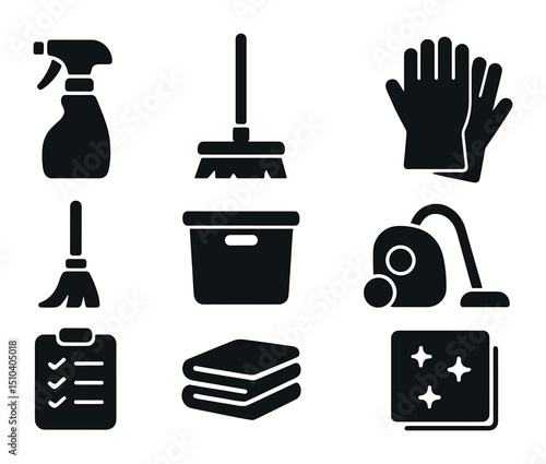 Spring Cleaning Icons. Solid, filled icons set of spring cleaning and home organization: spray bottle, mop
