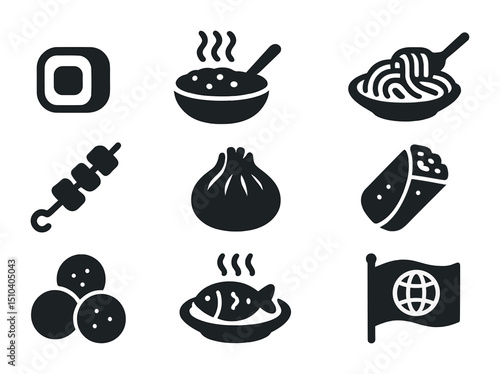 Global Cuisine Icons. Solid, filled icons set of global cuisine delivery options: sushi roll, curry bowl,