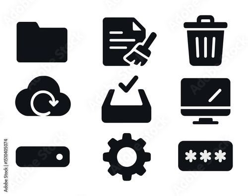 Digital Decluttering Icons. Solid, filled icons set of digital decluttering and organization: folder icon,
