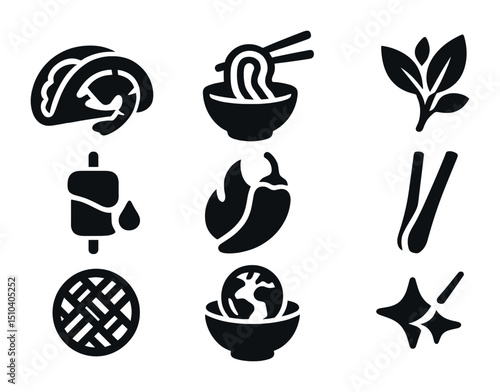 Fusion Stir-Fry Icons. Solid, filled icons set of fusion-style stir-fry ideas: shrimp taco, noodle stir-fry,