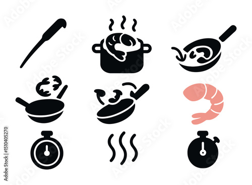 Shrimp Cooking Icons. Solid, filled icons set of shrimp cooking techniques: deveining tool, boiling shrimp,