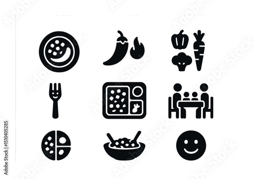 Family Dinner Icons. Solid, filled icons set of family-friendly stir-fry dinners: kid-friendly plate, mild