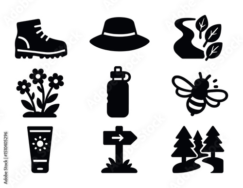 Hiking Essentials Icons. Solid, filled icons set of hiking in nature in June: hiking boots, sun hat, leafy