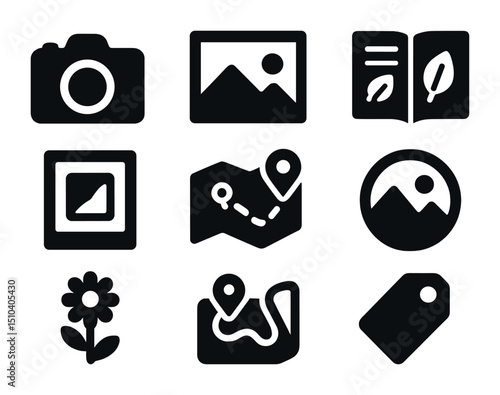June Hike Icons. Solid, filled icons set of documenting a June hike: camera icon, snapshot frame, nature